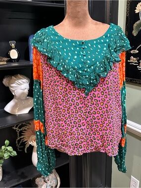 Farm Rio “Rene” Peasant Blouse – Patchwork Balloon Sleeve Top – Size Large